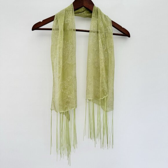 Light Green Sheer Scarf With Butterflies, Fringes And Glitter - Picture 1 of 6
